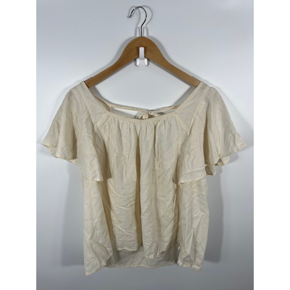 Old Navy Womens Linen Blend Blouse L Cream Ruffle Minimalist Capsule Euro Summer